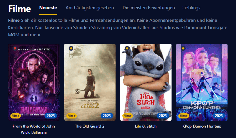 Screenshot der Filmpalast-Oberfläche mit Filmen und Serien